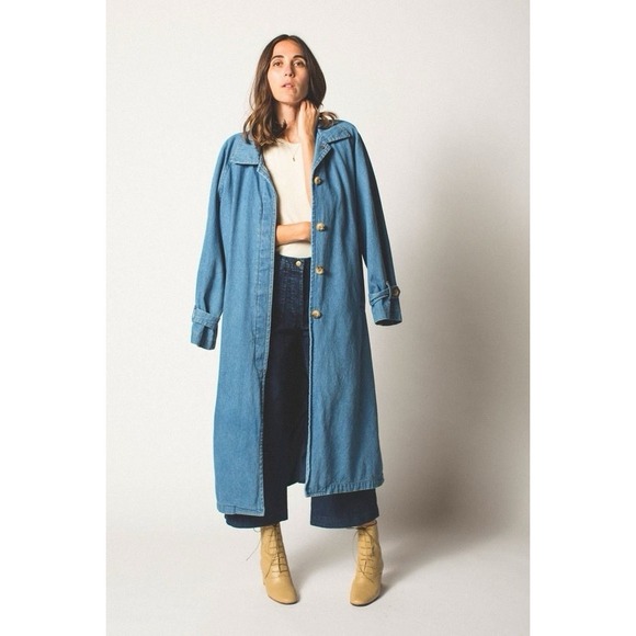 Vintage Denim Long Duster Trench Coat Outerwear Jacket Button Cotton M/L - Picture 1 of 16